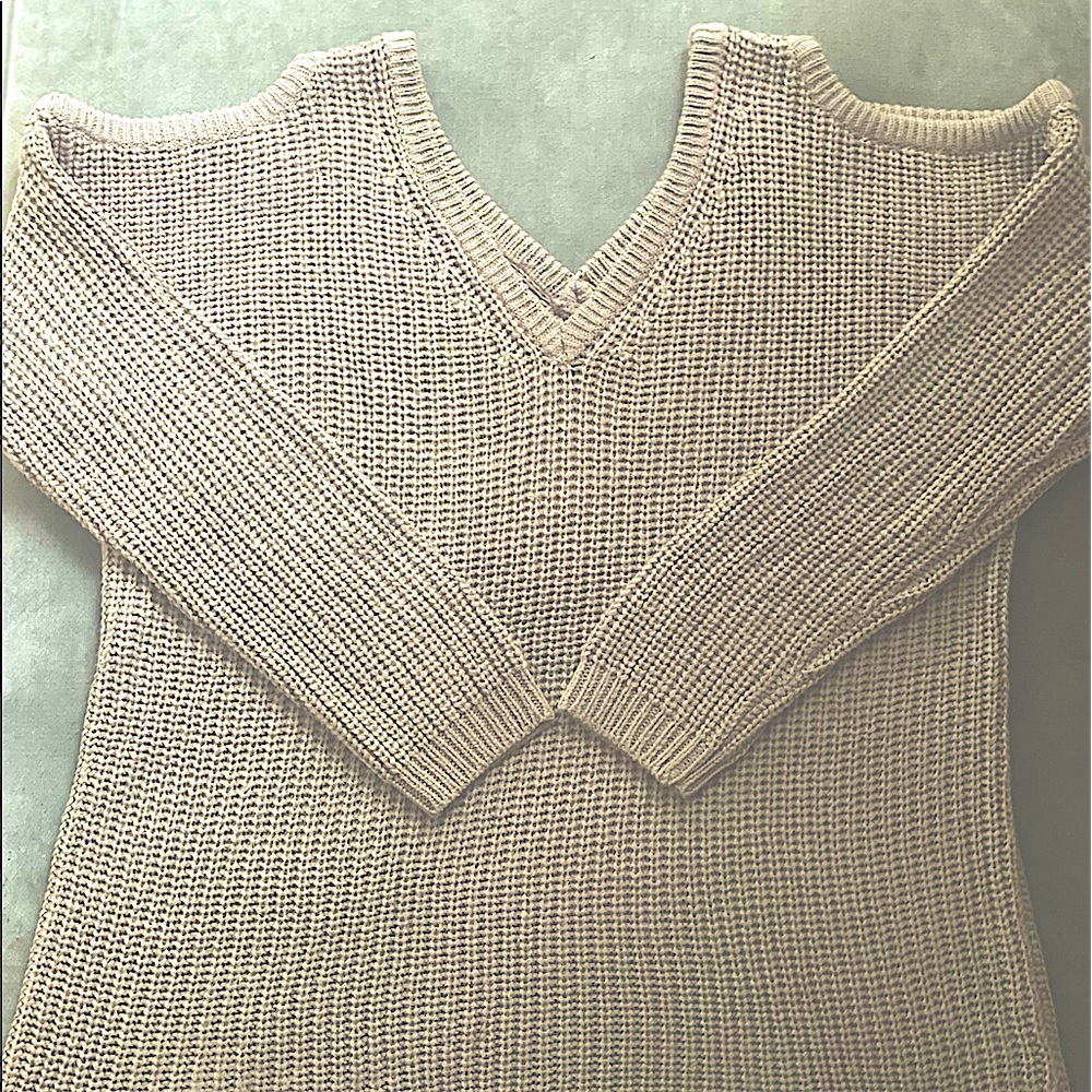 Tan Knit V Neck Sweater With Cut Out Shoulders